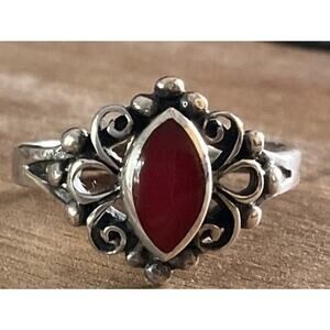 Vintage Sterling Silver Red Coral Stone Ring Marquise Cabochon Size 6.5